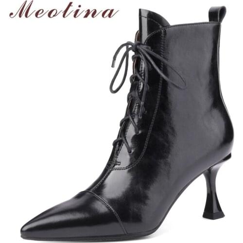 Meotina Genuine Leather Ankle Boots Women Shoes Thin High Heel Boots Fashion Pointed Toe Zipper Ladies Short Boots Autumn Beige