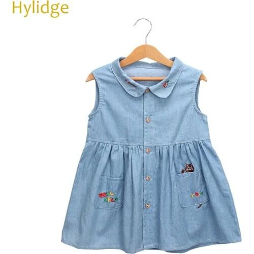 Hylidge 2019 New Children Kids Denim Dress Embroidery Girls Denim Dress Baby Toddler Cute Cartoon Sleeveless Summer Dress