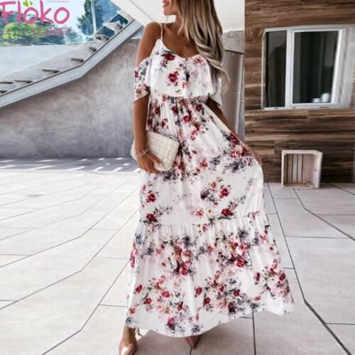 Flokocloset Retro Floral Print Off Shoulder Maxi Beach Dress 2021 Boho Dress Women Summer V Neck Ruffle Slit Party Dresses