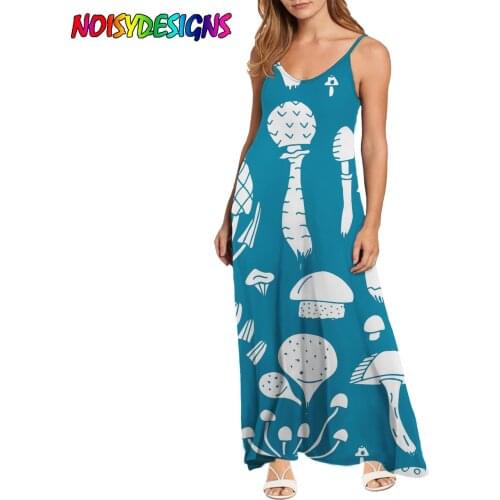 NOISYDESIGNS Elegant Maxi Long Dress Mushroom Prints Womens Sundress Sleeveless Dresses Vestidos Female Robe Plus Size 4XL Blue