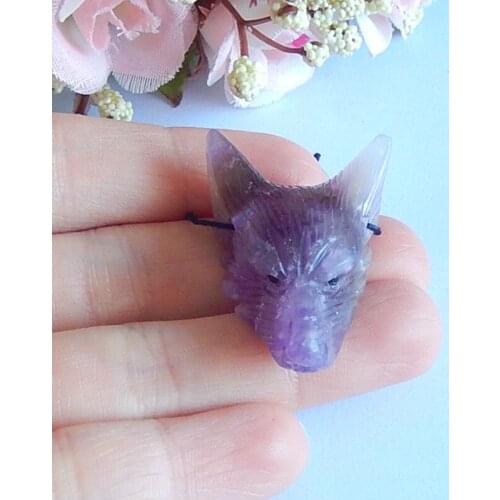 New,Carved Amethyst Wolf Head Pendant Bead,35x25x3mm,11.5g