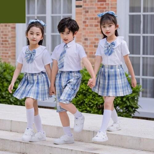 New Jk School Uniform Suit Academy Style Short Sleeve Shirt Plaid Pleated Skirt Girls Boys Performance Class Costume Stage Wear