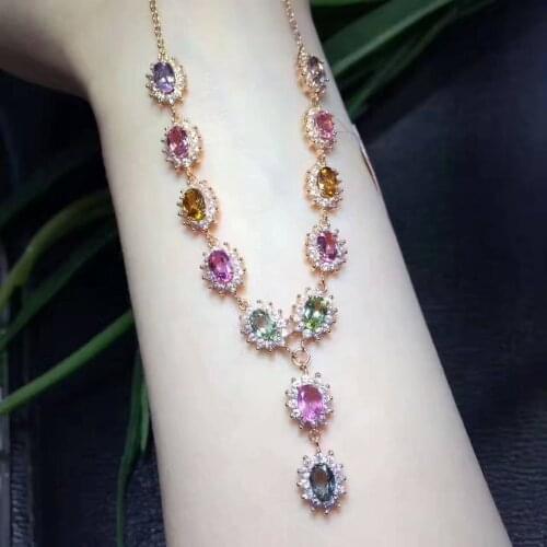 Natural multicolored tourmaline Pendant necklace S925 sterling silver Natural gem necklace Luxury Round Diana party jewelery
