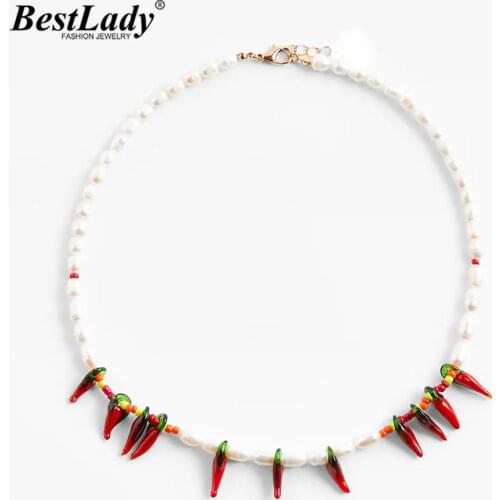 Best Lady Fashion Red Chili Pepper Necklaces for Women Bohemian Beads Handmade Pearls Stone Collar Choker Necklaces Jewelry Gift