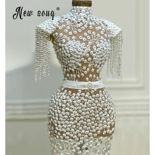 Luxury Beading Tassel Dubai Evening Dress High Neck Sliver Mermaid Arabic Formal Prom Dresses 2021 Long Graduation Party Gowns