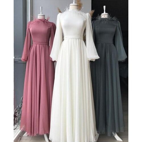Chiffon Feather Long Sleeve Muslim Prom Dress High Neck A Line Saudi Arabic Evening Formal Party Gowns платье robe de soirée