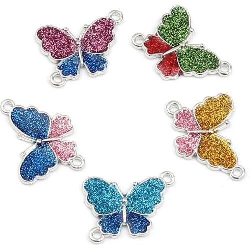 Butterfly Connectors Zinc Based Alloy Insect Glitter Animal Connectors Silver Color 19mm x 17mm For DIY Jewelry Making, 10 PCs