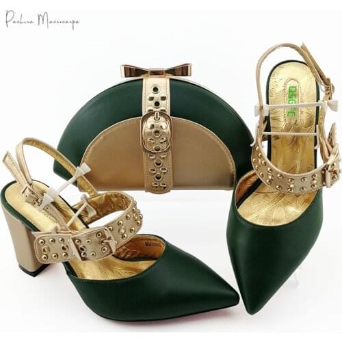 Latest Italian Design African Shoes and Bag Set Pointed Toe Nigerian Royal Party Matching Shoes and Bag in Dark Green
