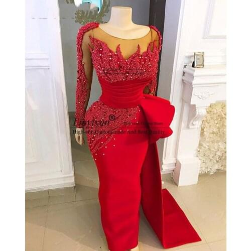 Long Sleeves Evening Dresses 2021 Luxury Party Dubai Mermaid Pearls Beaded African Women Red Formal Plus Size Prom Gown