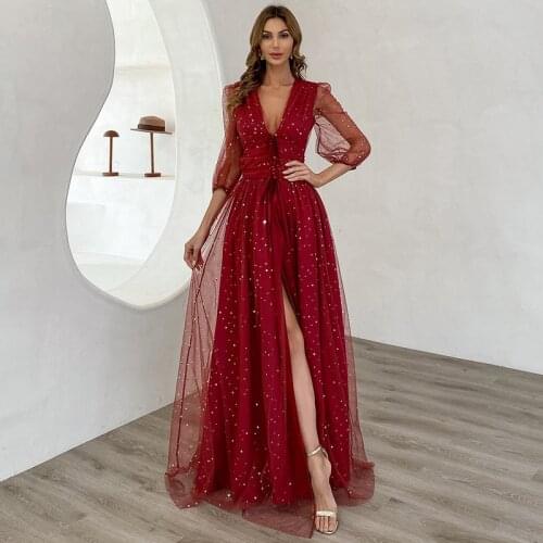 Wine Red Star Prom Dress Long Mesh Shiny V Neck Gauze 2021 Summer