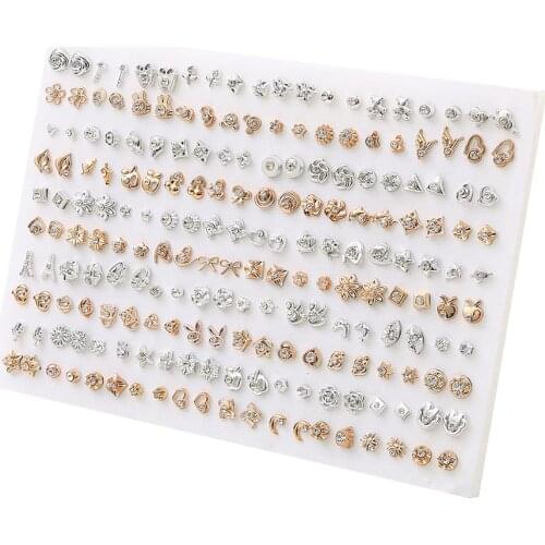 100Pairs Mix Style Gold Silver Color Plastic Stud Earings Sets For Women Girls Cute Mini Heart Star Crystal Piercing Ear Jewelry