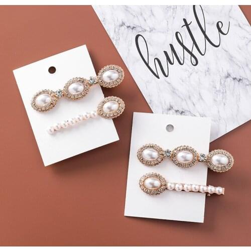 2019 Korea New Vintage Luxury Oval Shape Imitation Pearl Long Barrettes For Women Fashion Wedding Hair Jewelry Rhinestone Clips