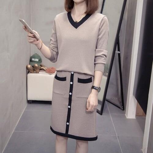 Women Sweater Skirt 2 PCS Set Autumn Winter V-Neck Pullover Knit Top + Pocket Single-breasted Skirt Suit Womens Tracksuit 5XL