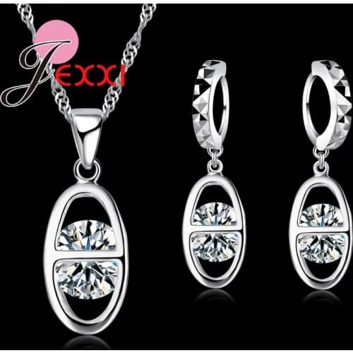 New Legant Ellipse Unique Shape Jewelry Sets 925 Sterling Silver CZ Crystal Zircon Pendant Necklace Earrings Set For Women