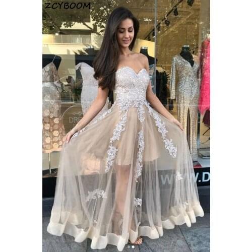 Champagne A-Line Prom Dresses 2021 Women Formal Party Night Vestidos De Gala Sweetheart Neck Long Lace Graduation Evening Gowns