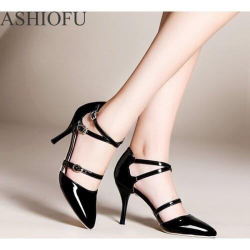 ASHIOFU Ladies 8cm High Heel Pumps Buckle Straps Wedding Party Prom Shoes Big Size Club Fashion Evening Court Shoes