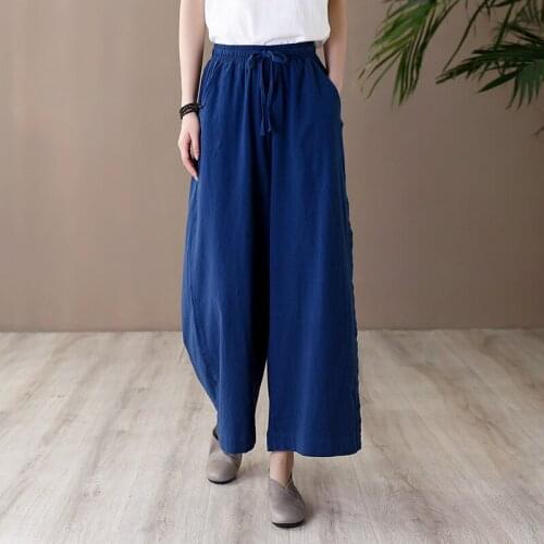 Women Summer Cotton Linen Retro Solid Color Wide Leg Pants Ladies Vintage Vintage Wide Leg Trousers Female Pants 2020