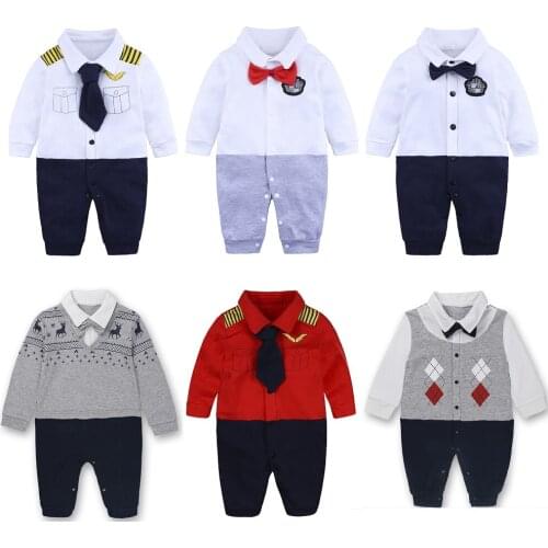 Hooyi Baby Boys Tuxedo Clothes Formal Uniform One Piece Romper With Ties Boys Wedding Jumpsuit with Bowtie Long Sleeves Outfits