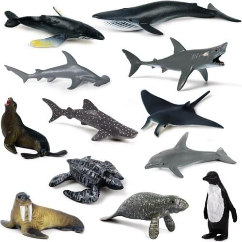 FBIL-12Pcs Simulation Mini Marine Animal Giant Tooth Shark Killer Whale Blue Whale Shark Penguin Dolphin Model Toy