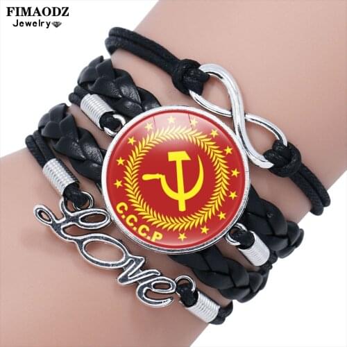 FIMAODZ Classic USSR Soviet Badge Leather Bracelet CCCP Russia Emblem Symbol Black Beaded Bracelets Bangles for Men Gift