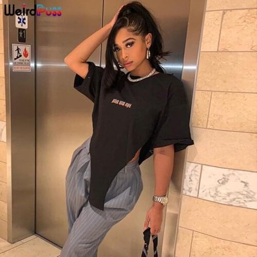 Weird Puss Summer Women T-Shirt Letter Print Cut Triangle Short Sleeve Oversized Streetwear Trend Loose Casual Basic Tops Tees