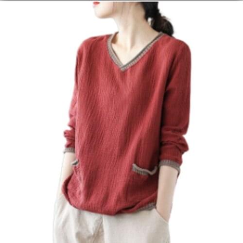 Pure Cotton original literary retro solid color V-neck T-shirt womens spring-summer new style loose long-sleeved top bottoming