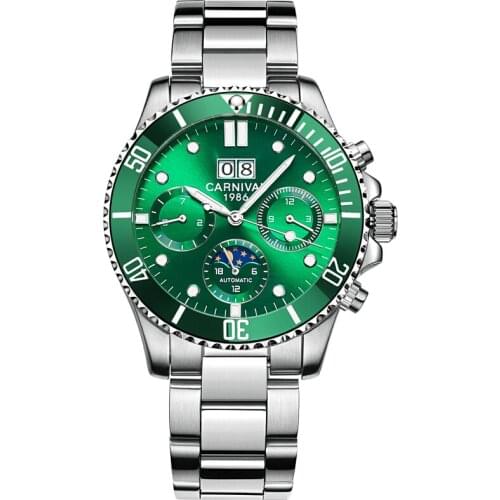 Carnival Mens Multifunction Steel Band Rotatable Bezel Sun Moon Dial Automatic Mechanical Wrist Watches With Month Week Date
