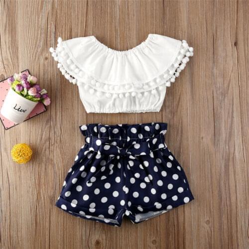 2PCS Toddler Kids Baby Girls Tassel Ruffle Tops Summer Outfit Clothes T-shirt +Bow Dot Shorts Set