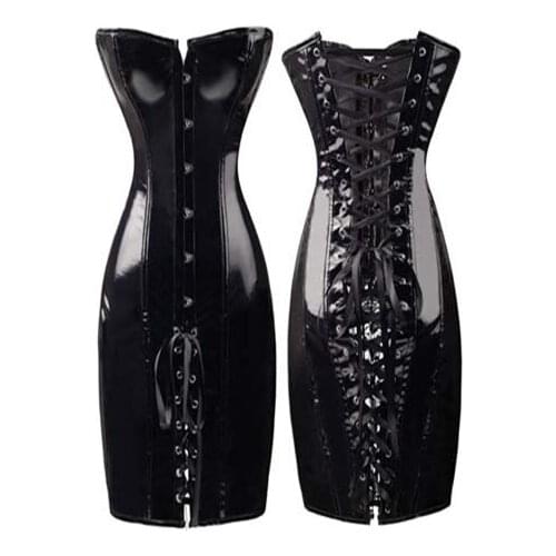 Red Black Wetlook Vinyl Leather Corset Dress Gothic Women Sexy PVC Faux Leather Corset Party Body Corset Bustier