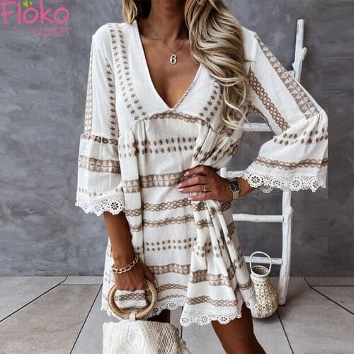 Flokcolsoet Summer V-Neck Lace Stitching Mini Dress with Ruffles Boho Casual Beach Dress Summer Women Clothing 2021