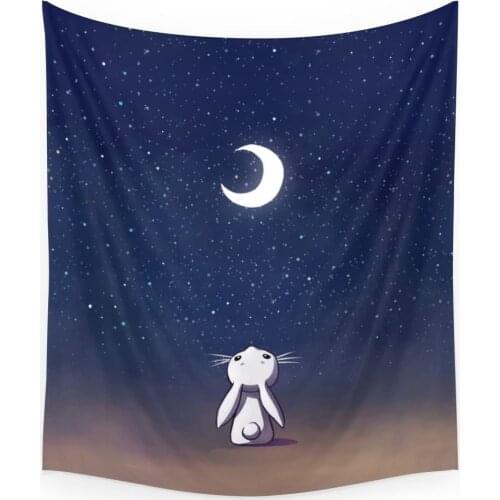 Moon Bunny Rabbit Starry Sky Kawaii Tapestry Wall Hanging Coverlet Bedding Sheet Throw Bedspread Living Room Tapestry Dorm Decor