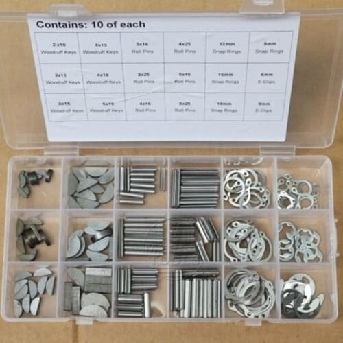 180Pcs 18 Kinds Set Woodruff Keys Stainless Steel Snap Ring Roll Pin E-Clip Kit