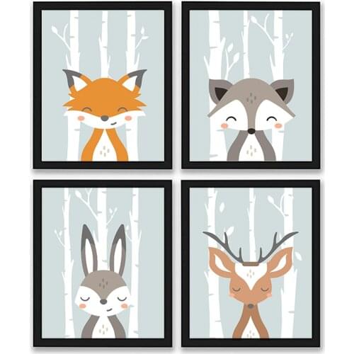 Set of 4 Cartoon Animal Posters and Prints Kids Room Decoration Canvas Painting Nursery Wall Art Cute fox deer Picture NUR19-1