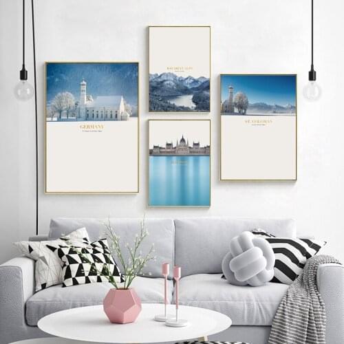 Nordic Wall Art Canvas Painting Snow White Hill Lake Winter House Grass Posters Prints Pictures For Living Room Home Decoration