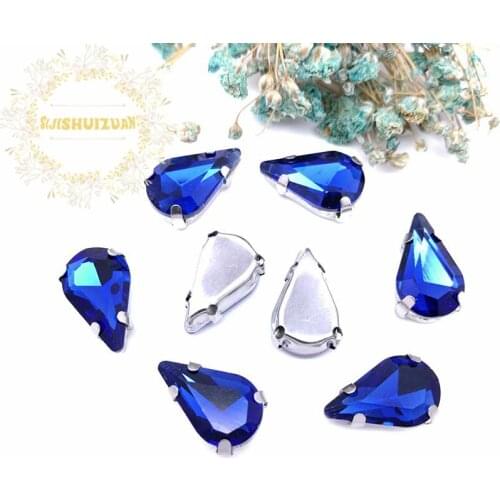 New ! Sapphire blue fine Water drop Crystal Glass Sew-on Rhinestones with Claw DIY wedding Dresses and Clothes 5*8 6*10 8*13