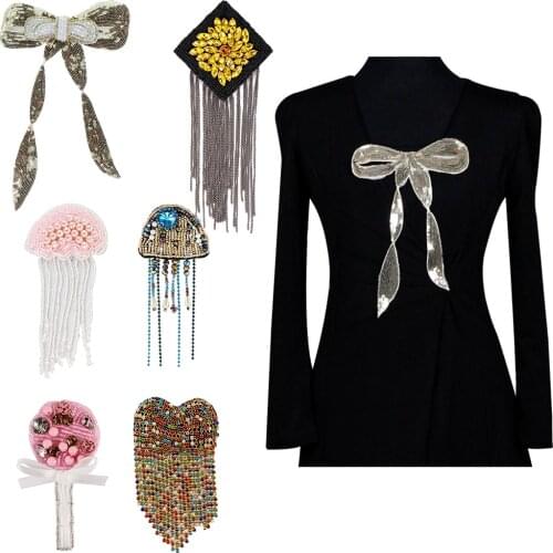 2pc Beaded Jellyfish Heart Bow Candy Shoulder Patches for Clothing DIY Sew on Rhinestone Sequin Handmade Craft TH1581