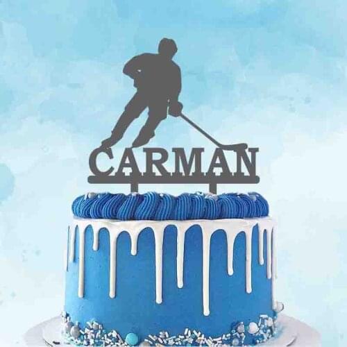 Personalized Party Cake Topper Custom Name Man Playing Ice Hockey Silhouette Topper For Ice Hockey Party Cake Decoration YC285