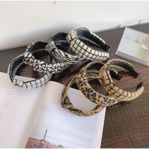 Plush leopard fabric headband fashion hair accessories women wide-sided knotted lattice all-match hair band headwear winter new