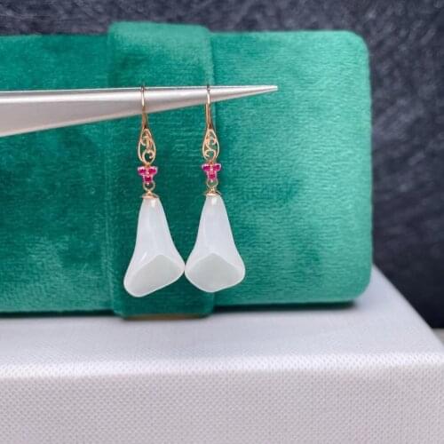 SHILOVEM 18k yellow gold real Natural white Jasper drop earrings fine Jewelry women wedding gift new 10*7mm myme10176651hby