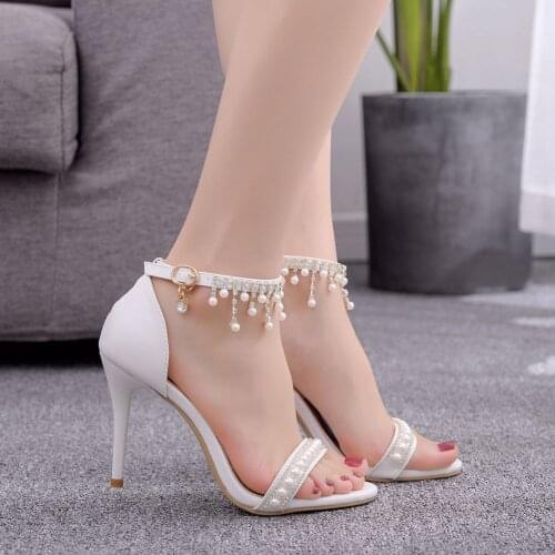 Women Sandals Pointed Stiletto Lady Pumps Sweet Luxury White High Heels Tassel Pearl Chain Wedding Shoes