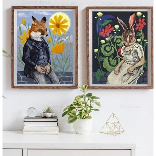 Vintage Funny Animal Head Human Body Canvas Painting Abstract Posters and Prints Picture Fox Rabbit Portrait Wall Art Home Decor