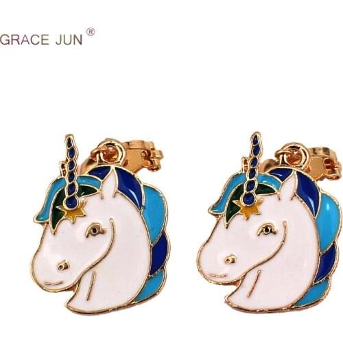 GRACE JUN High-grade Unicorn Shape Clip on Earrings for Women Luxury Fashion Popular Student No Pierced Enamel Clip Earrings