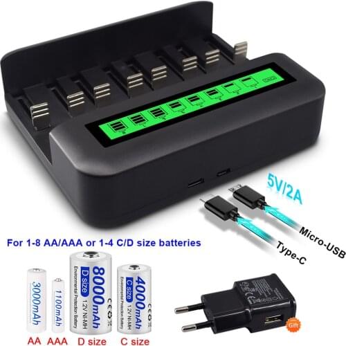 8 Slots Charger LCD Display Type-C USB Fast Smart Battery Charger for 1.2V Ni-MH AA AAA C D Size 9V Rechargeable Battery