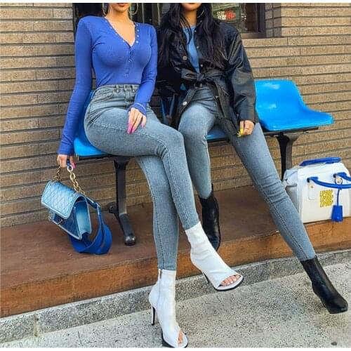 Women Autumn and Winter Vintage Casual Blue Jeans High Waist Stretch Skinny Denim Pants Retro Washed Pencil Slim Long Trousers