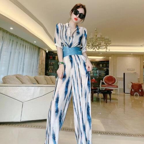 Women 2021 Summer Fashion Printed Two-piece Suits Female Short-sleeved Thin Shirt Ladies High Waist Wide Leg Pants Sets Y244