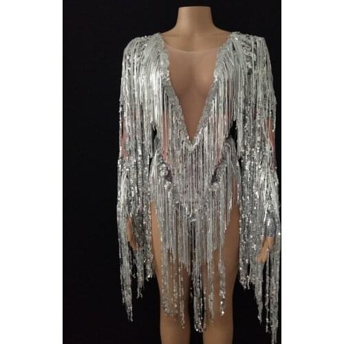 Sexy Print Bodysuit Sequins Tassels Stretch Leotard Nightclub Women DJ Stage Wear Bar Party Dancer DS Performance Costume