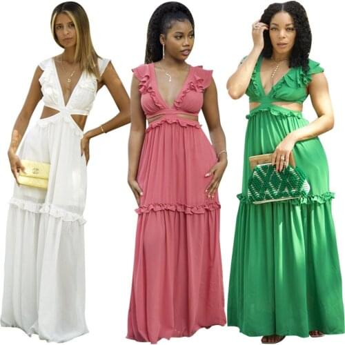 Zoctuo Solid Sexy Dresses For Women Party Hollow Out V Neck Casual Dress Pleated Ruffles Sleeveless Summer Fashion Maxi Dresses