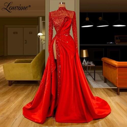 Red Carpet Party Dress Couture Evening Prom Dresses Sparkly Sequins Full Sleeve Robe De Soiree Aibye Plus Size Dubai Formal Gown