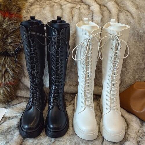 2020 Winter Knee High Boots Women Black Gothic Shoes Warm Plush Boots Square Heels Leather Long Boots Women White Combat Boots