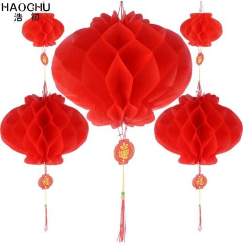 20pcs/lot Chinese Character Blessing Red Honeycomb Lanterns Waterproof Oilpaper Hanging Tassel New Year Christmas Decorations